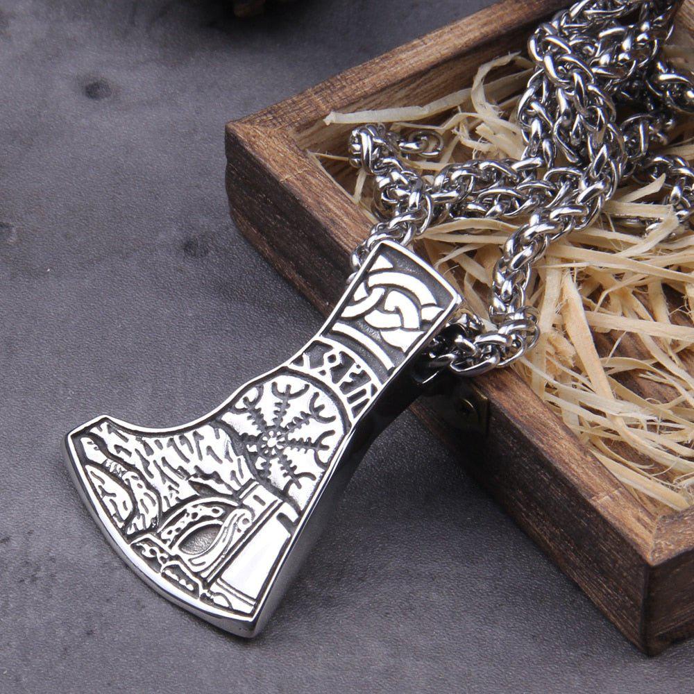 Viking Warrior Axe Head With Helm of Awe Pendant Necklace