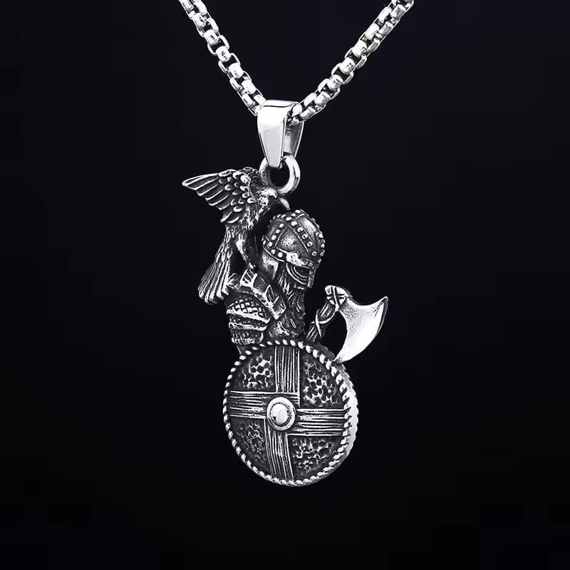 Viking Warrior Pendant Necklace | Raven Axe & Shield