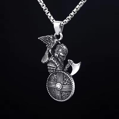 Viking Warrior Pendant Necklace | Raven Axe & Shield