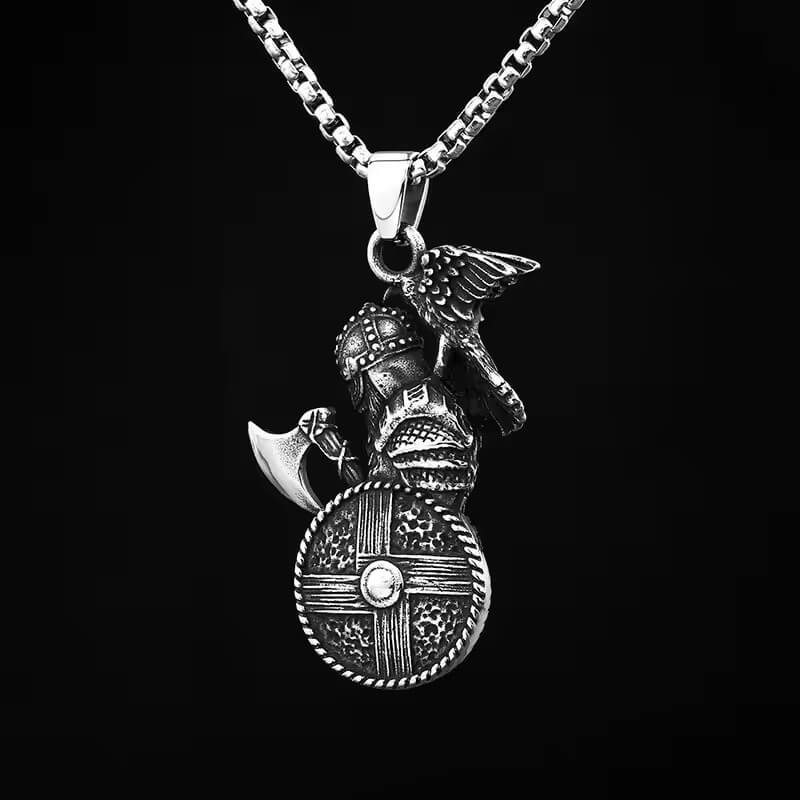 Silver Viking warrior pendant necklace with helmeted Norseman, axe, round shield, and raven