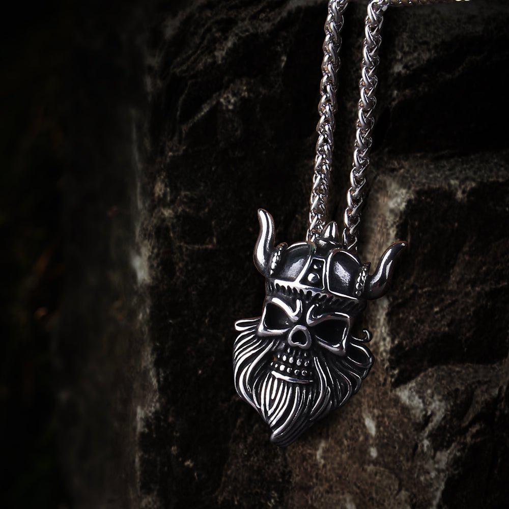 Viking Warrior Steel Skull Pendant Necklace