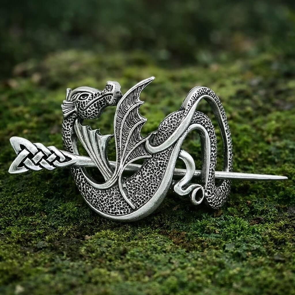 Viking winged dragon hair clip in antique silver finish, featuring intricate Celtic knotwork.
