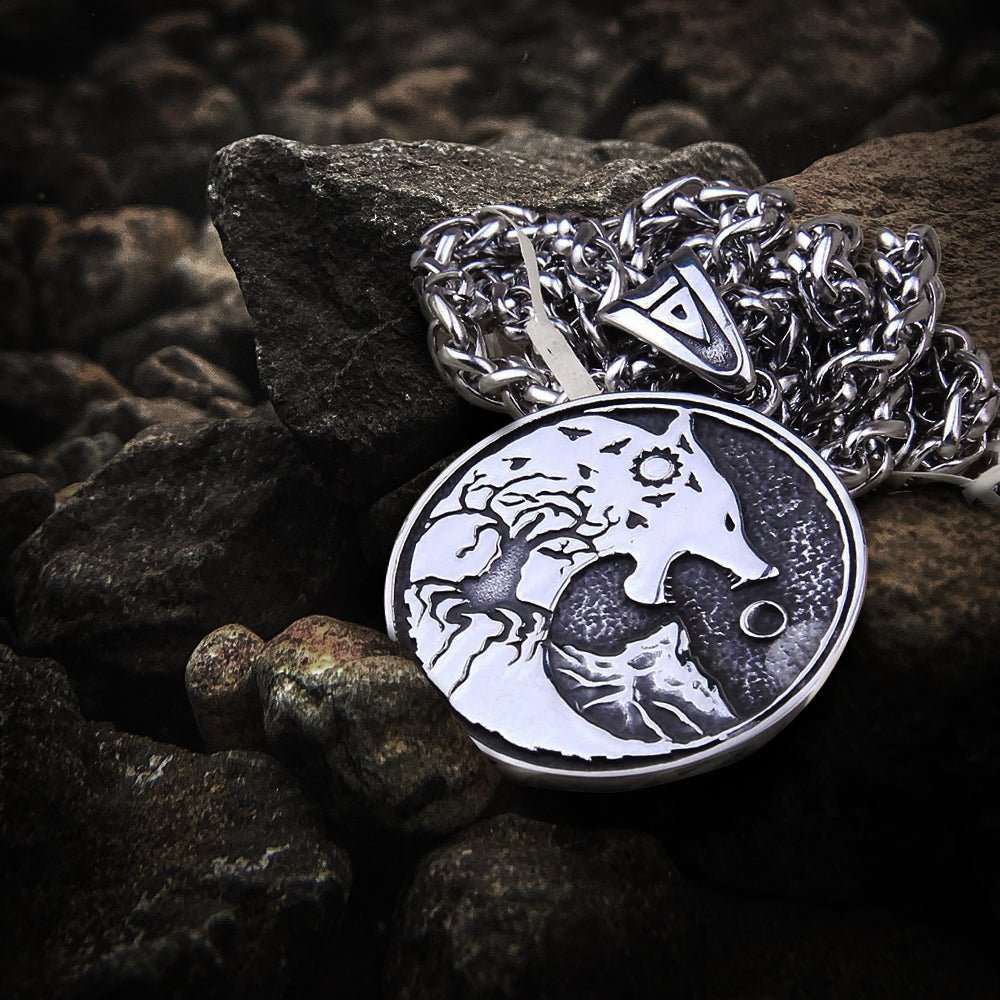 Viking Wolf Hati and Skoll Sun and Moon Norse Pendant Necklace