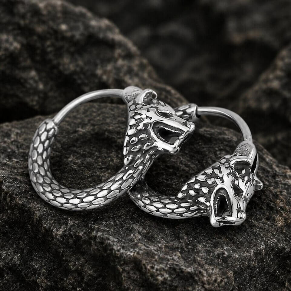 Silver Viking wolf head hoop earrings featuring Fenrir Norse design and textured detailing