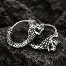 Silver Viking wolf head hoop earrings featuring Fenrir Norse design and textured detailing
