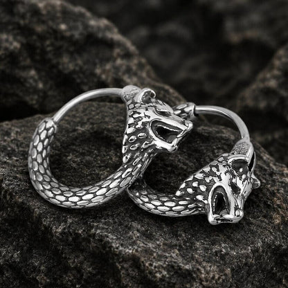 Silver Viking wolf head hoop earrings featuring Fenrir Norse design and textured detailing