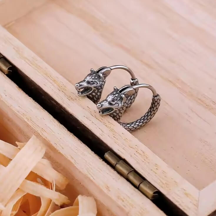 Viking Wolf Head Hoop Earrings