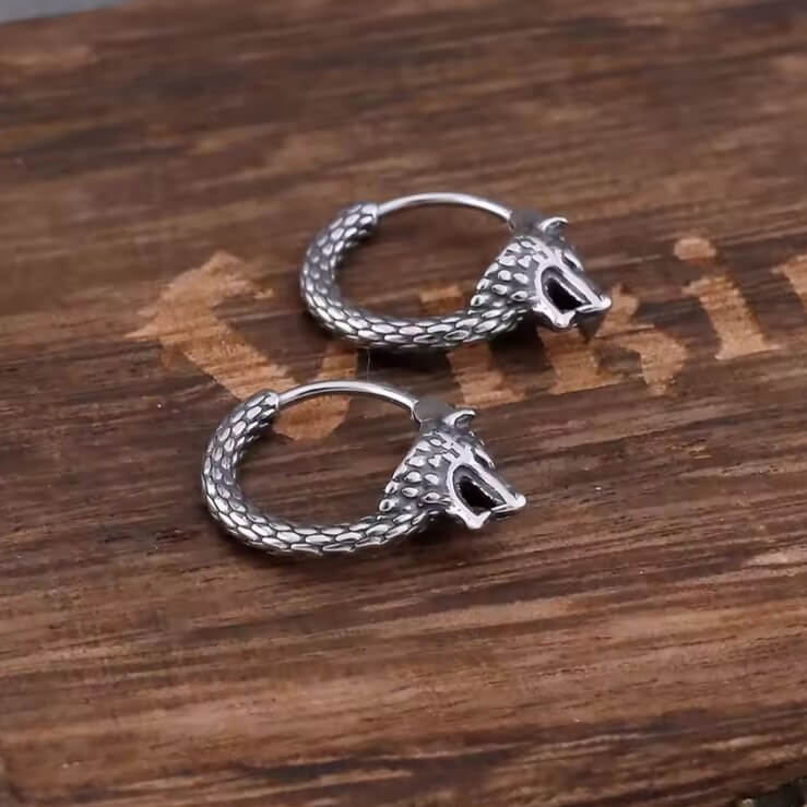 Viking Wolf Head Hoop Earrings