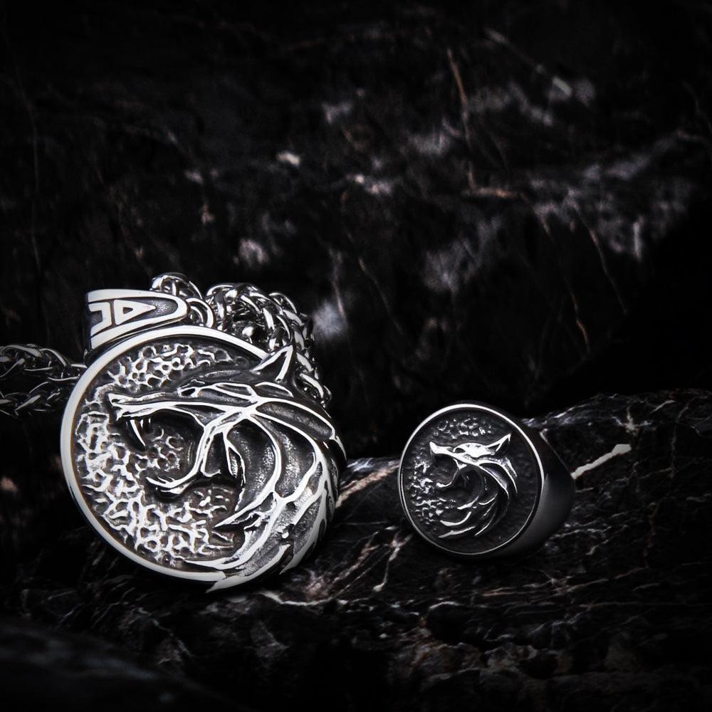 Viking Wolf Head Necklace and Ring Jewelry Set-1