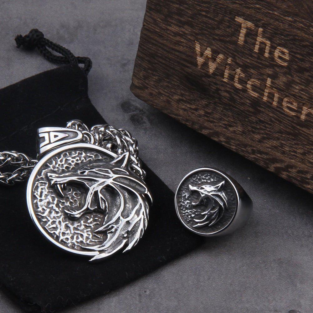 Viking Wolf Head Necklace and Ring Jewelry Set-2