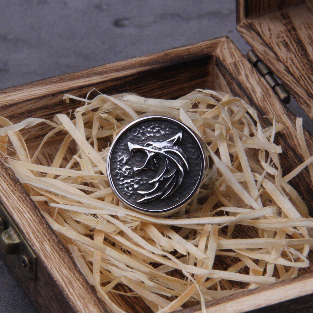 Viking Wolf Head Necklace and Ring Jewelry Set-3