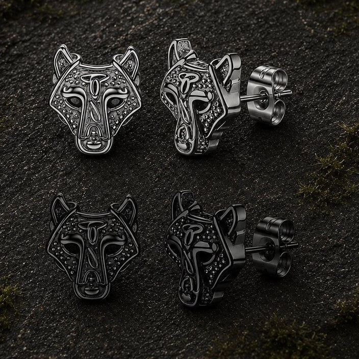 Viking wolf head stud earrings in silver and black finishes with Fenrir Norse design