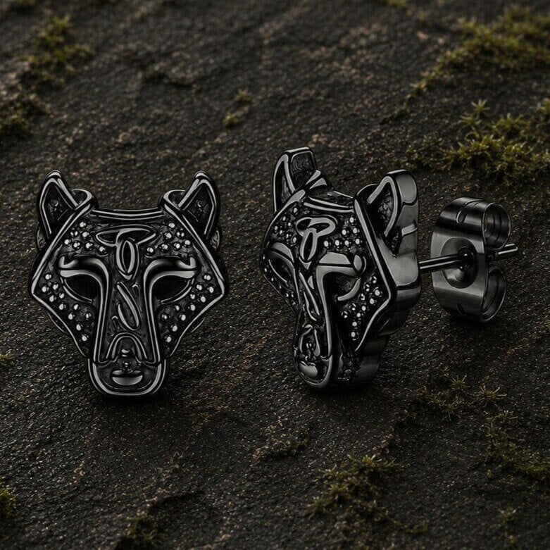 Viking Wolf Head Stud Earrings | Black & Silver Finish