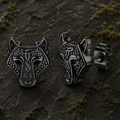 Viking Wolf Head Stud Earrings | Black & Silver Finish