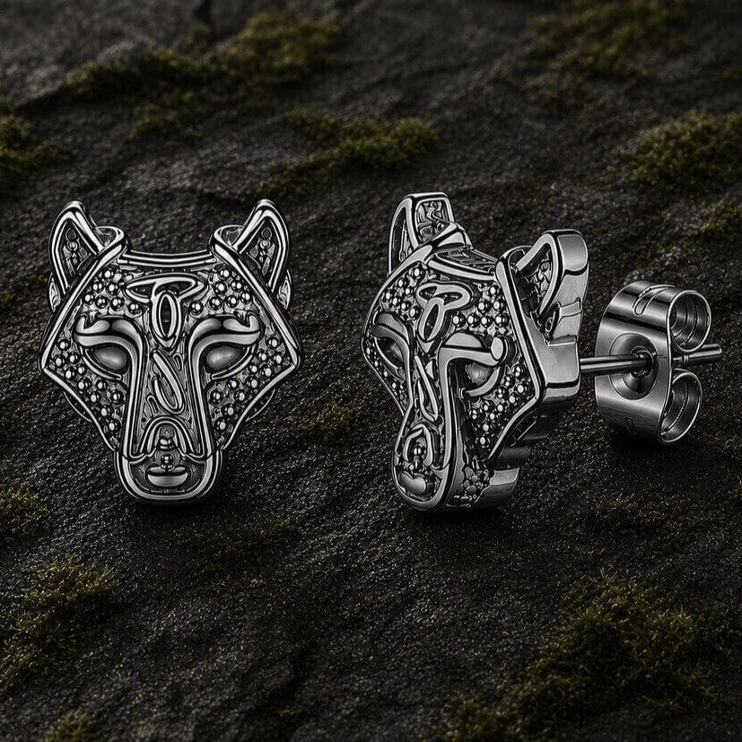 Viking Wolf Head Stud Earrings | Black & Silver Finish
