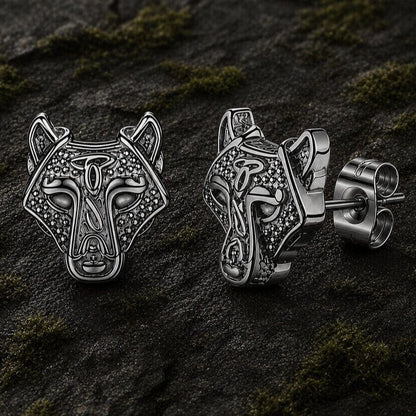 Viking Wolf Head Stud Earrings | Black & Silver Finish