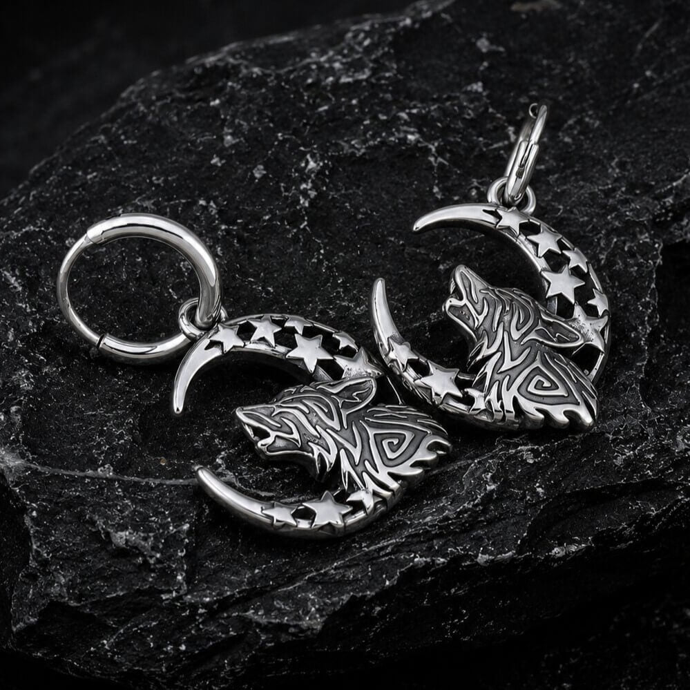 Silver Viking wolf moon hoop earrings featuring howling Fenrir, crescent moon, and star cutouts