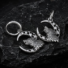 Silver Viking wolf moon hoop earrings featuring howling Fenrir, crescent moon, and star cutouts
