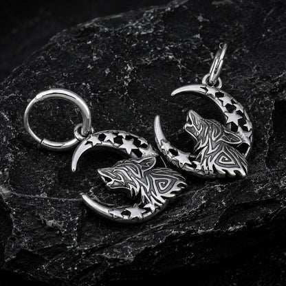Silver Viking wolf moon hoop earrings featuring howling Fenrir, crescent moon, and star cutouts