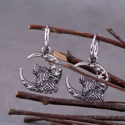 Viking Wolf & Moon Hoop Earrings | Knotwork Star Cutouts