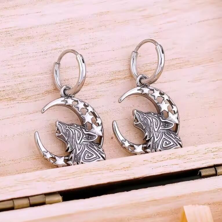 Viking Wolf & Moon Hoop Earrings | Knotwork Star Cutouts