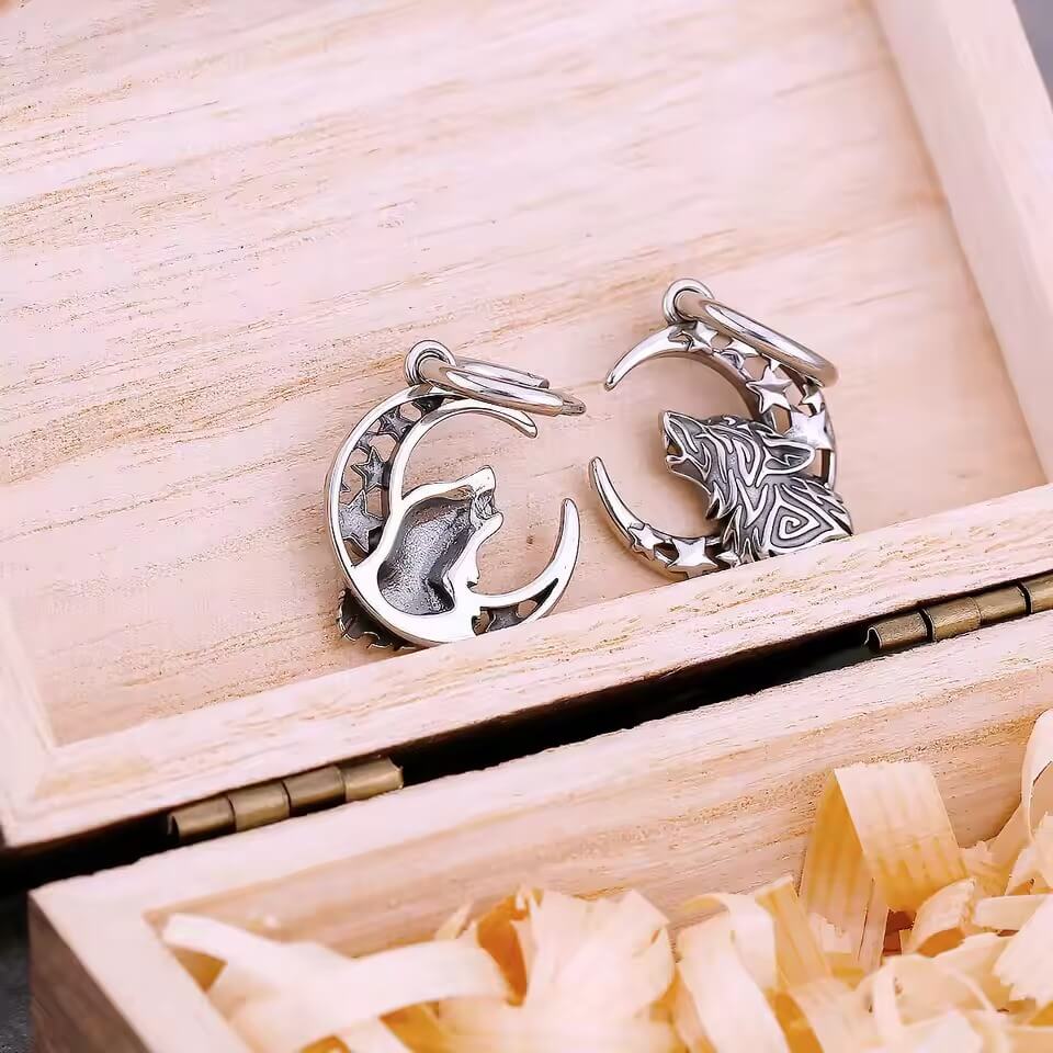 Viking Wolf & Moon Hoop Earrings | Knotwork Star Cutouts