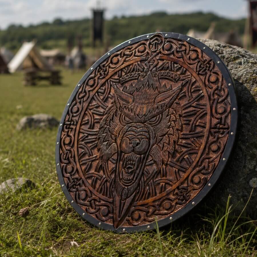 Viking wolf shield with hand-carved Fenrir design in battle-worn copper finish, Celtic knotwork border, and riveted dark rim at outdoor reenactment camp