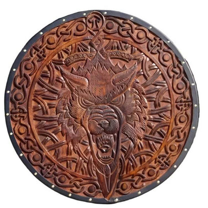 Viking Wolf Round Shield | Hand-Painted Battle-Worn Finish