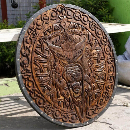 Viking Wolf Round Shield | Hand-Painted Battle-Worn Finish