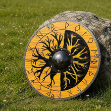 Viking wooden shield 22-inch with Yggdrasil Tree of Life design, Elder Futhark runes, and black steel boss on natural wood finish