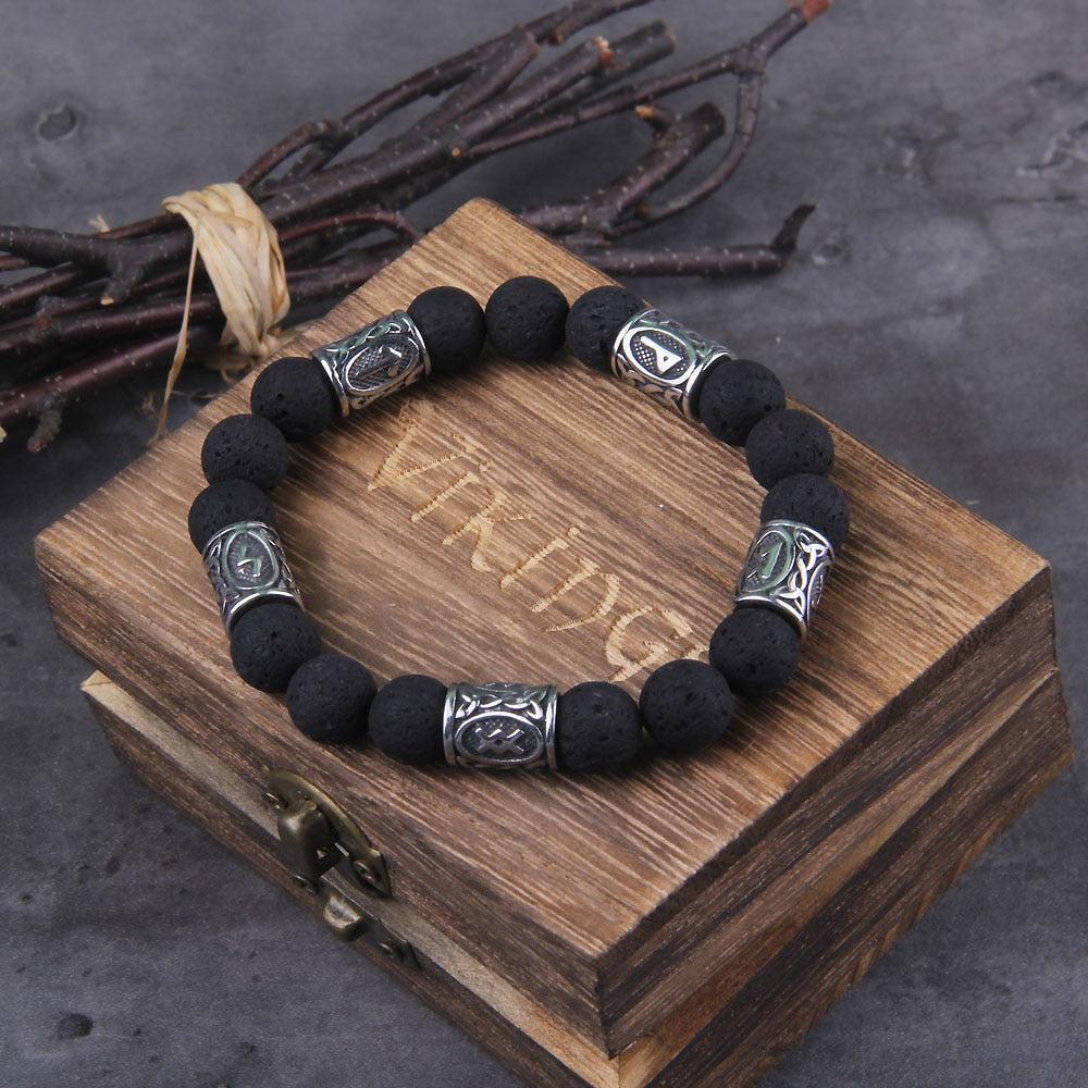 Volcanic Stone and Steel Futhark Bead Bracelet on box