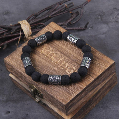 Volcanic Stone and Steel Futhark Bead Bracelet on box