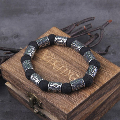 Volcanic Stone and Steel Futhark Bead Bracelet with Box