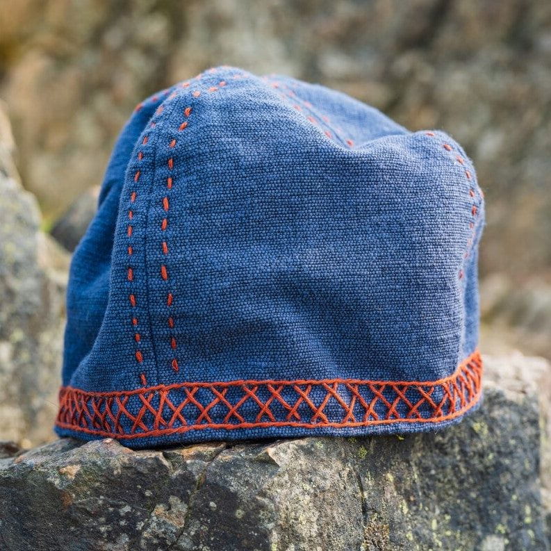 Blue Cotton Viking Cap | Red Embroidered Norse Motifs-1-Viking Warrior