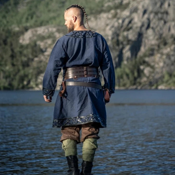 Viking Lord Tunic | Blue with Leather Trim &amp; Rivets