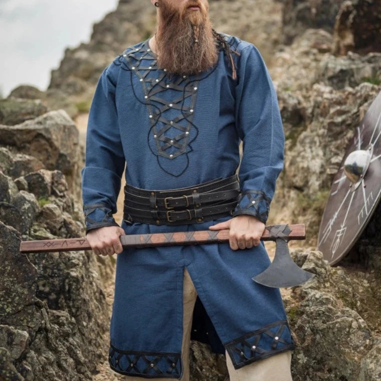Viking Lord Tunic | Blue with Leather Trim &amp; Rivets