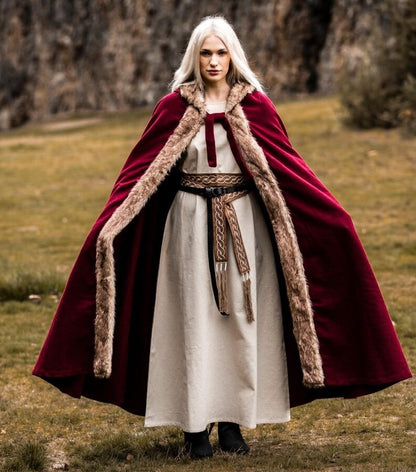 Red Viking Cloak | Hooded with Faux Fur Trim