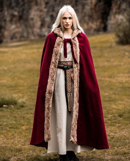 Red Viking Cloak | Hooded with Faux Fur Trim
