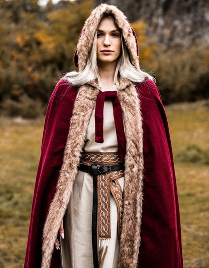 Red Viking Cloak | Hooded with Faux Fur Trim