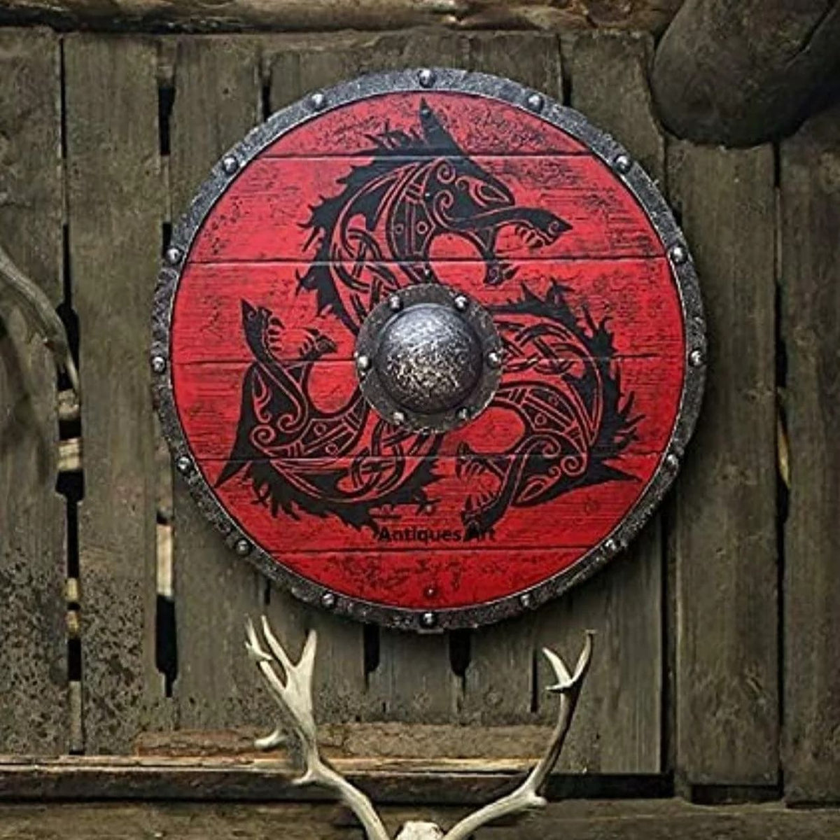 Wooden Warrior of Fenrir Viking Shield 24&quot;