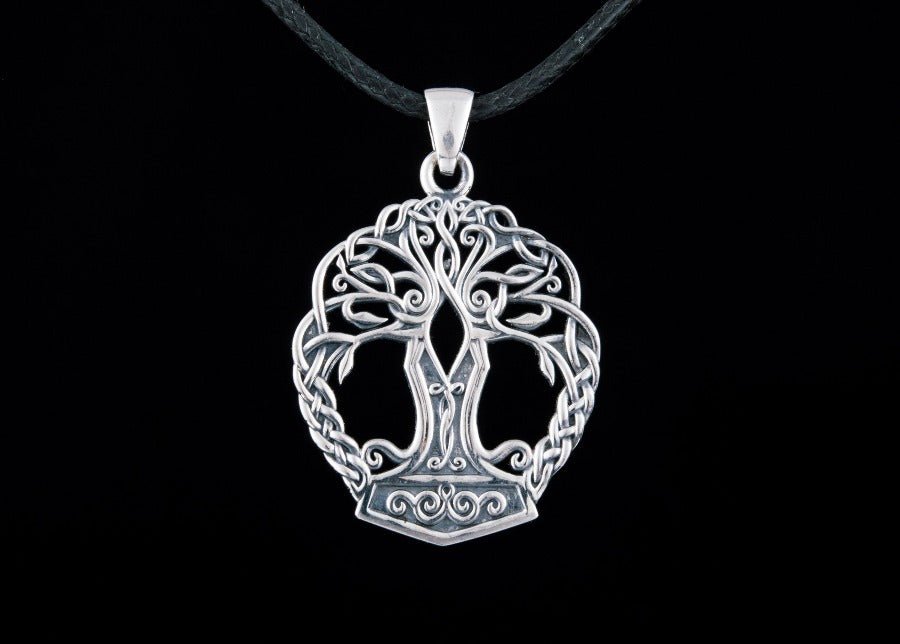 Yggdrasil with Mjolnir Pendant Handmade Sterling Silver Viking Necklace-3