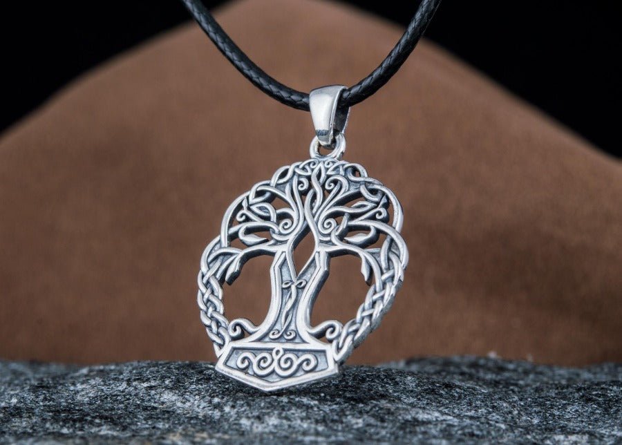 Yggdrasil with Mjolnir Pendant Handmade Sterling Silver Viking Necklace-4