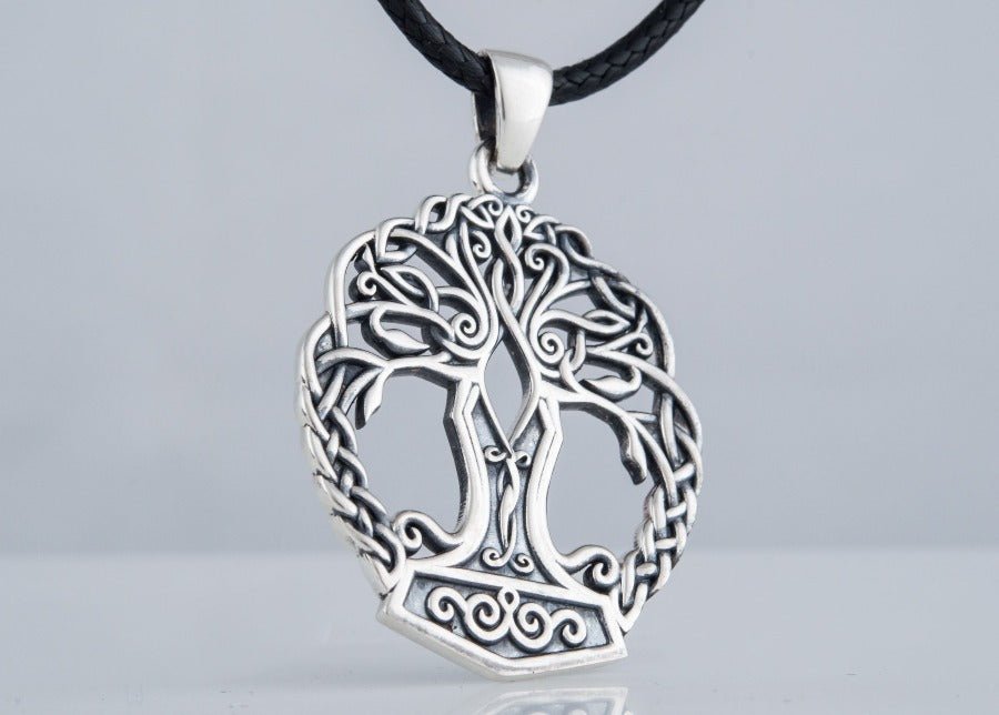 Yggdrasil with Mjolnir Pendant Handmade Sterling Silver Viking Necklace-7
