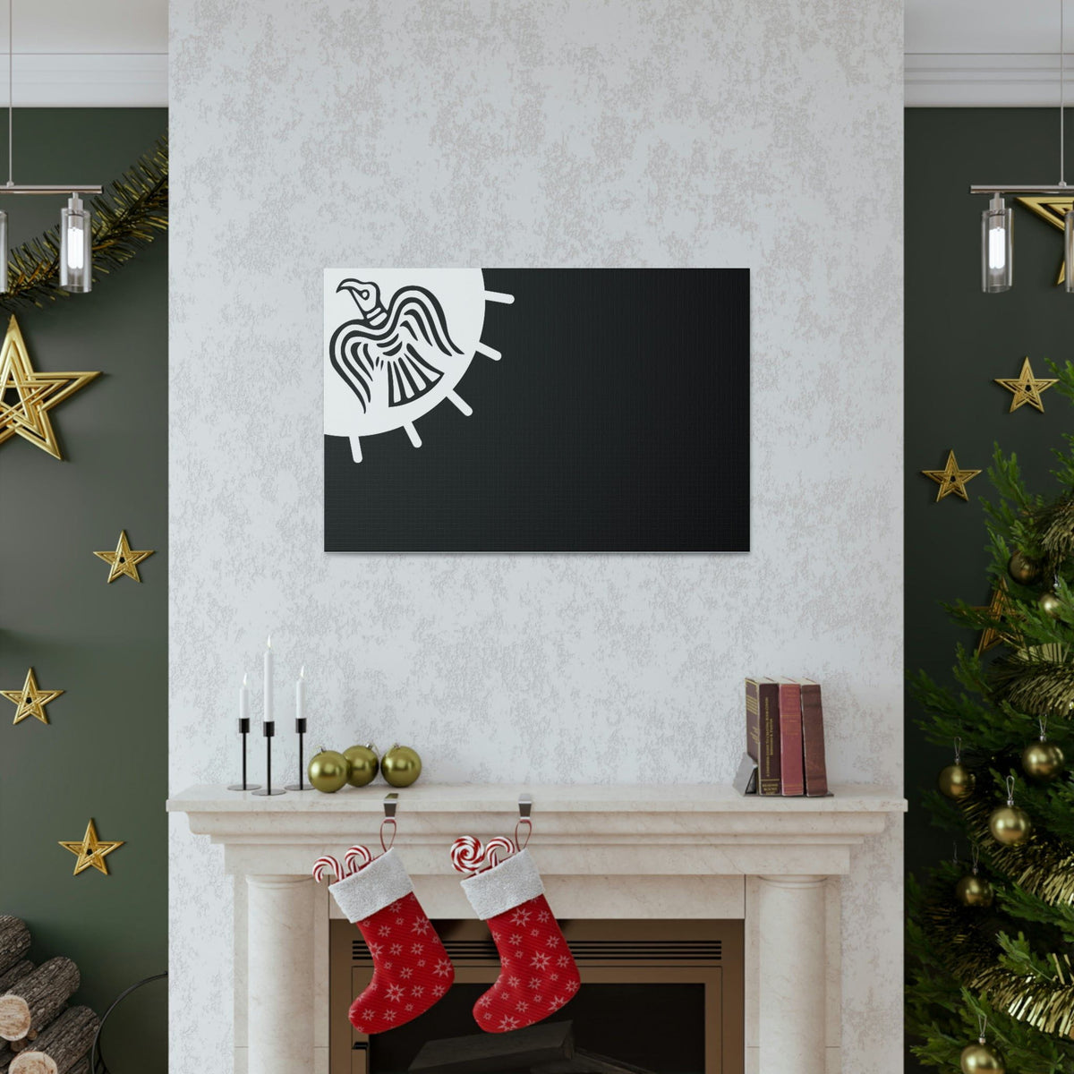 Viking Art on Canvas - Odin&#39;s Raven on White background on Black Banner