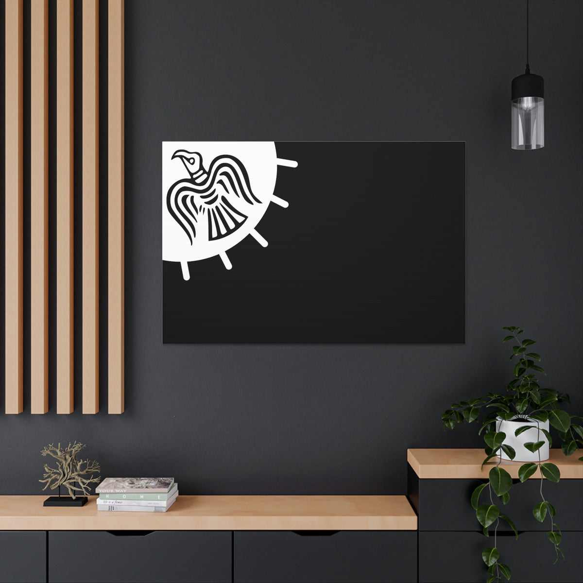 Viking Art on Canvas - Odin&#39;s Raven on White background on Black Banner