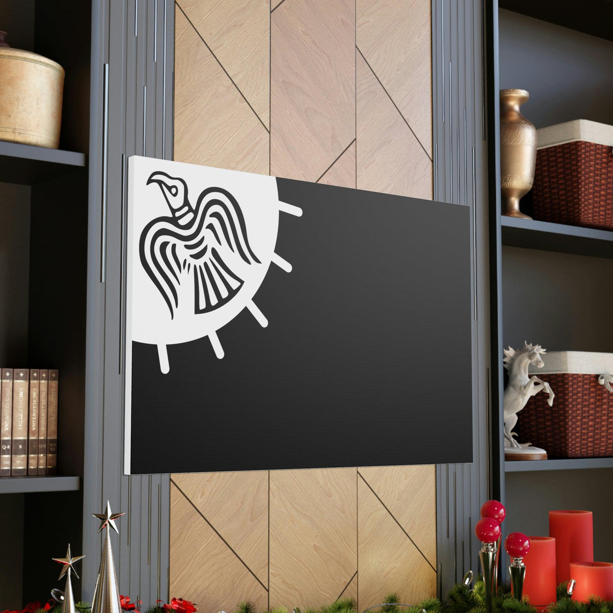 Viking Art on Canvas - Odin&#39;s Raven on White background on Black Banner