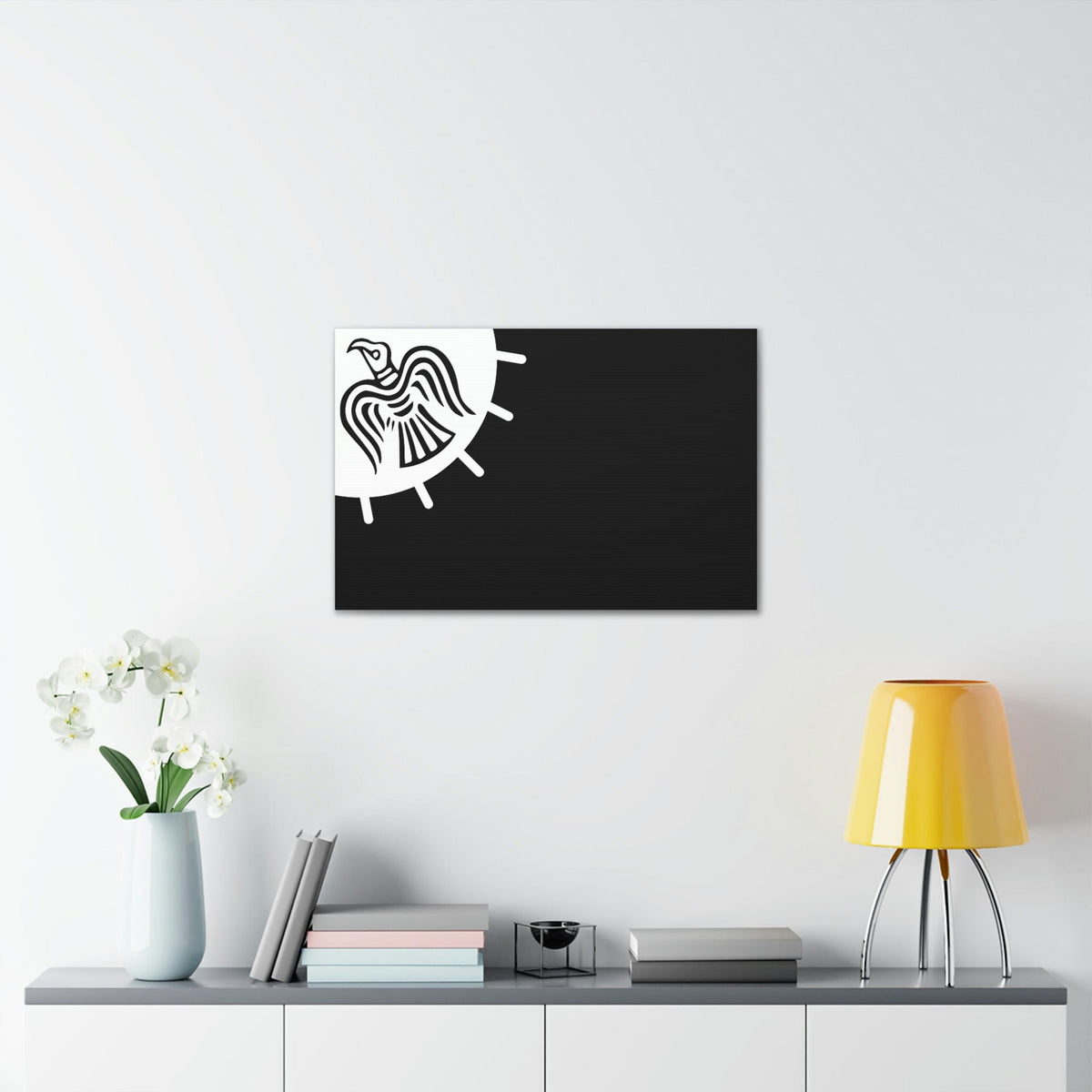 Viking Art on Canvas - Odin&#39;s Raven on White background on Black Banner