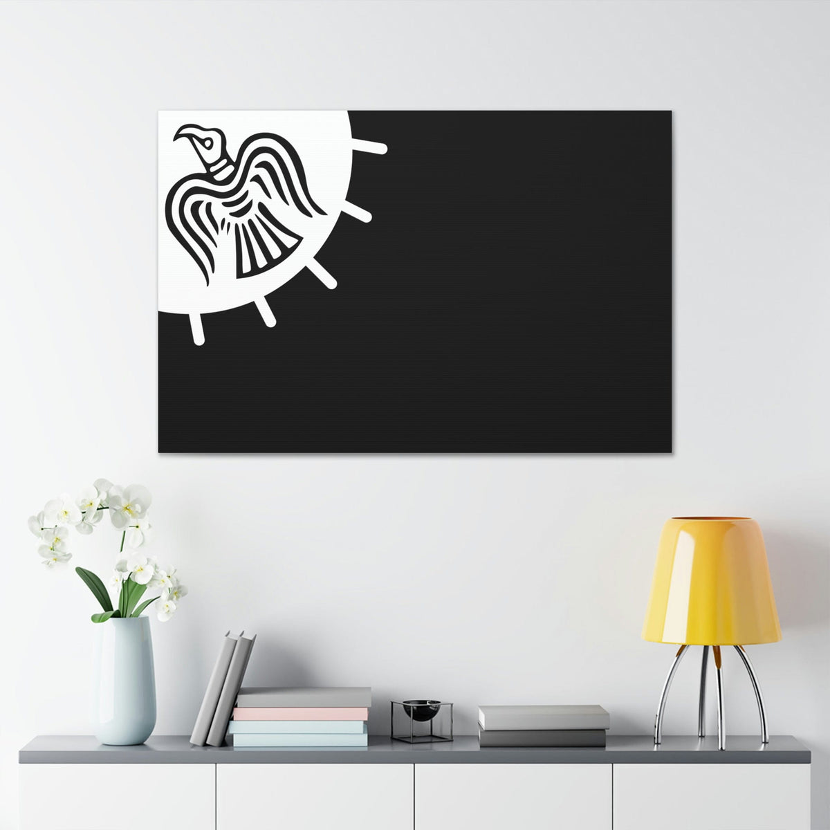 Viking Art on Canvas - Odin&#39;s Raven on White background on Black Banner