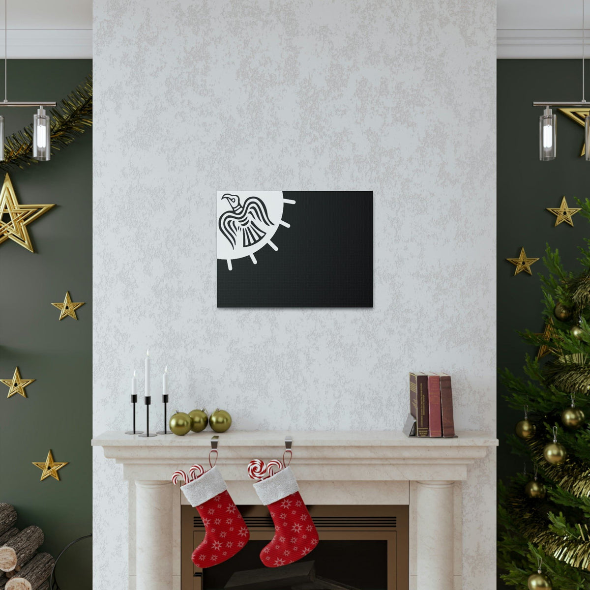 Viking Art on Canvas - Odin&#39;s Raven on White background on Black Banner