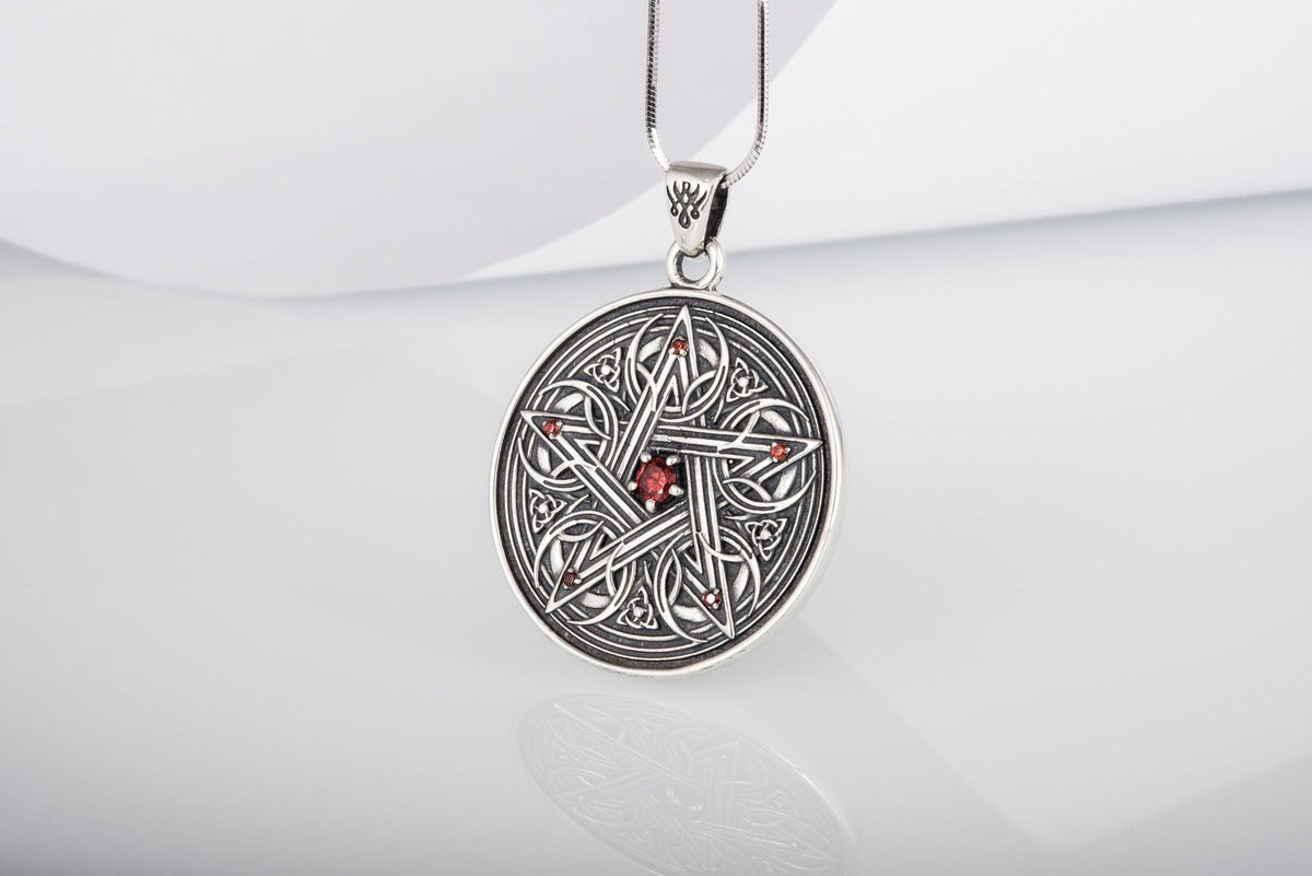 Pentagram Necklace with Red Cubic Zirconia Sterling Silver Handmade Jewelry